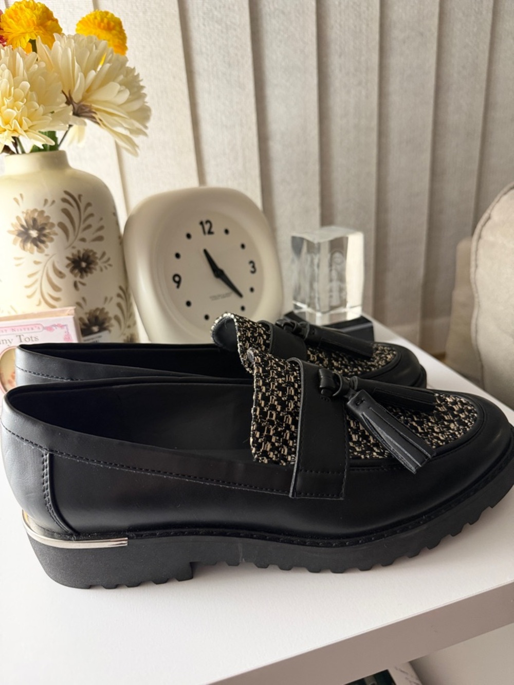Franco Sarto Black and Tan Tweed Tassel Loafers - Picture 2 of 5